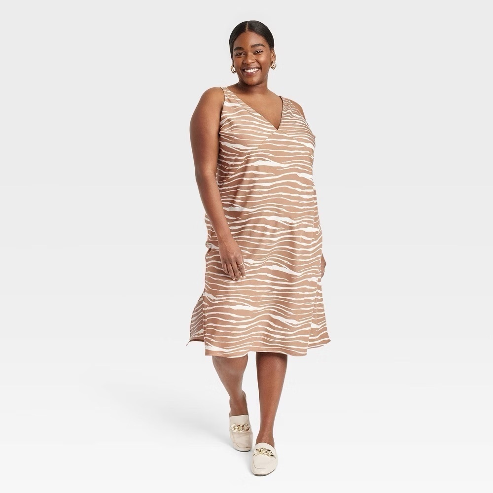 A New Day Brown Zebra Stripe Slip Dress Sleeveless V-Neck Size L